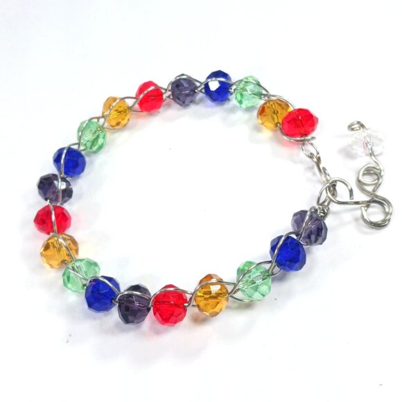 Rainbow Faceted Crystal Beaded Wire-Wrapped Bracelet - Picture 6 of 9